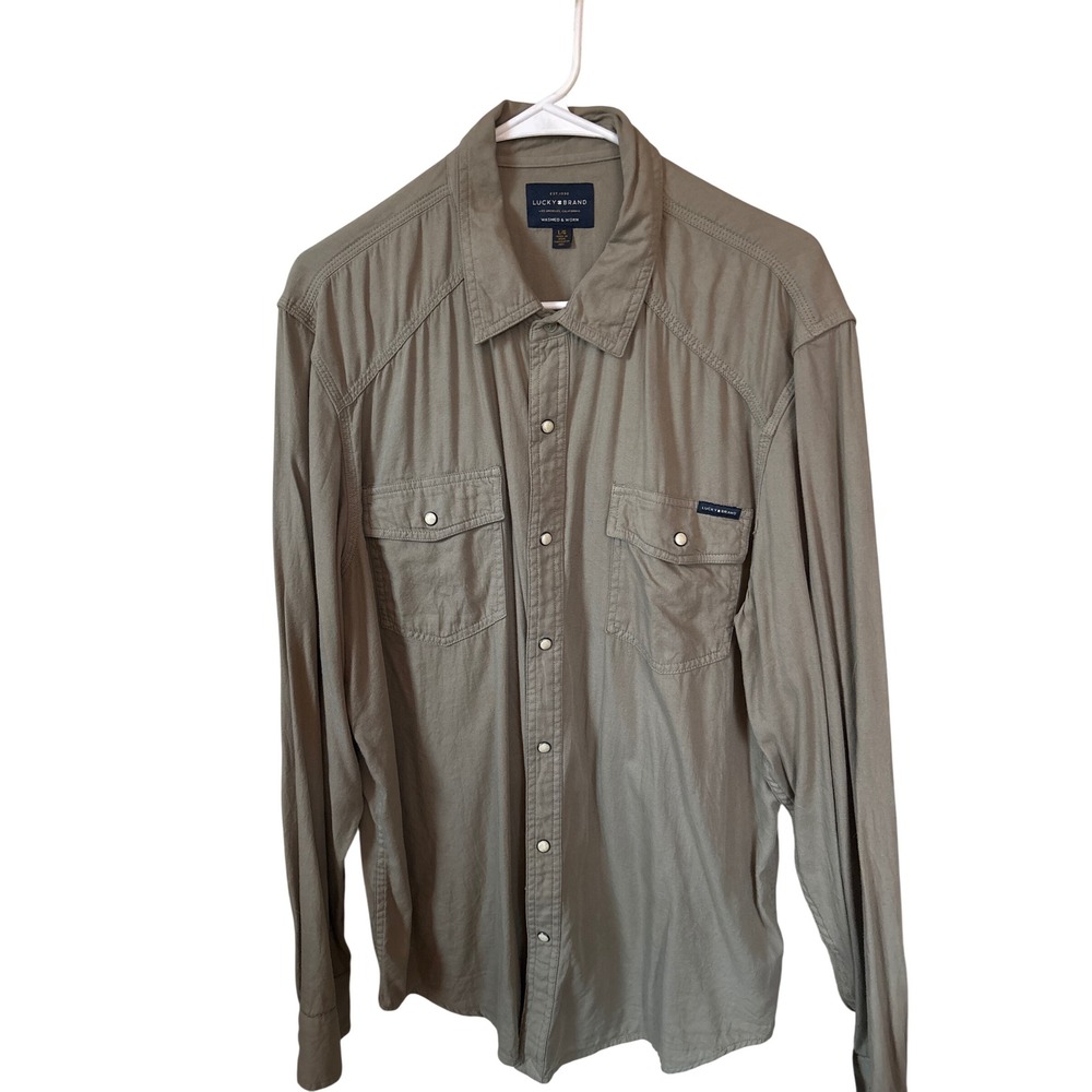 Lucky Brand Western Pearl Snap Shirt Mens Large Olive Green